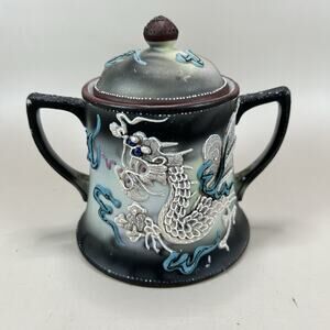 Takito Dragonware Sugar Bowl & Lid Moriage Style Slipware Dragons w Wings Japan